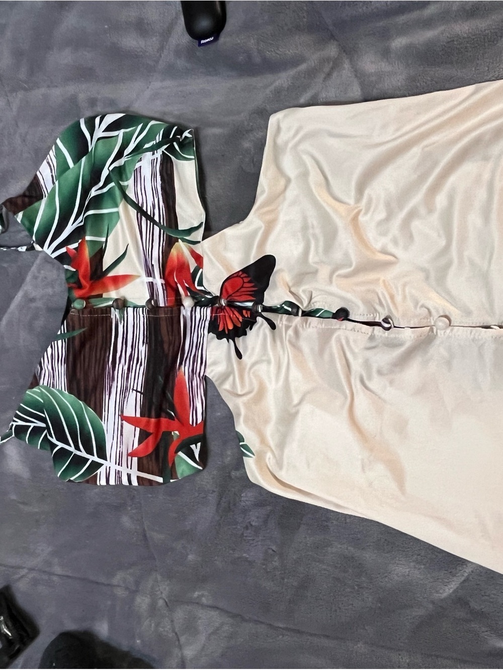 CBR Multicolor Satin Tropical-Print Dress with Red Butterfly Detail